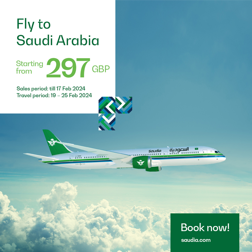 Fly with Saudia from UK to Saudi Arabia